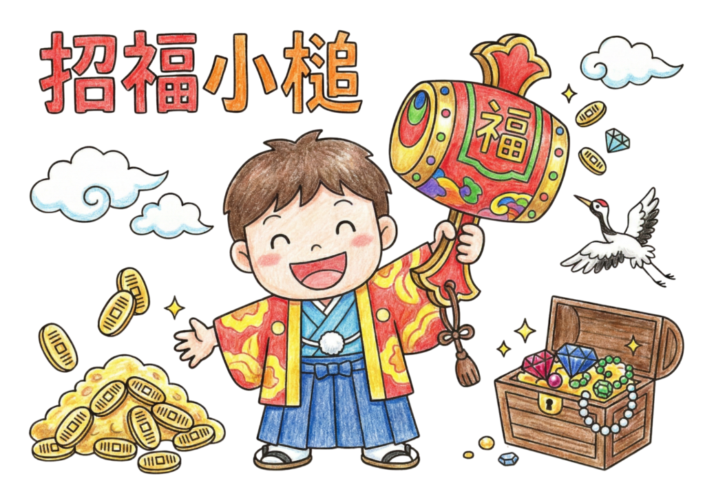 打ち出の小槌の塗り絵素材｜宝や鶴の縁起物が満載｜高齢者向け無料ダウンロード用フリーイラスト