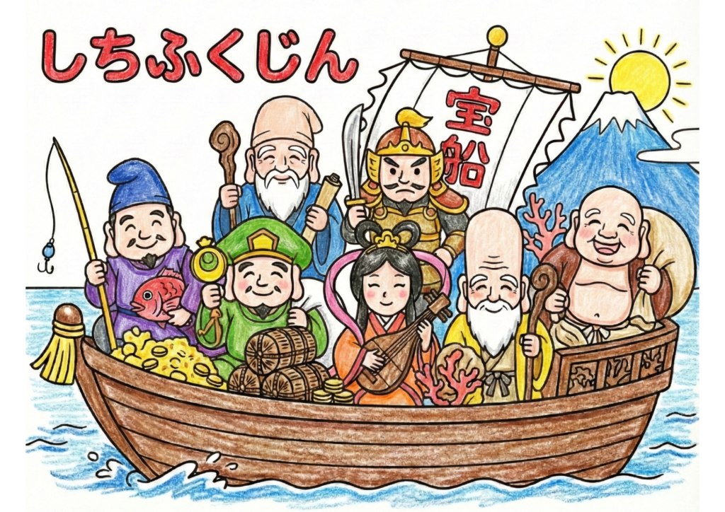 七福神の塗り絵画像｜無料ダウンロードできる白黒イラストのフリー画像素材