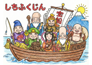 七福神の塗り絵画像｜無料ダウンロードできる白黒イラストのフリー画像素材