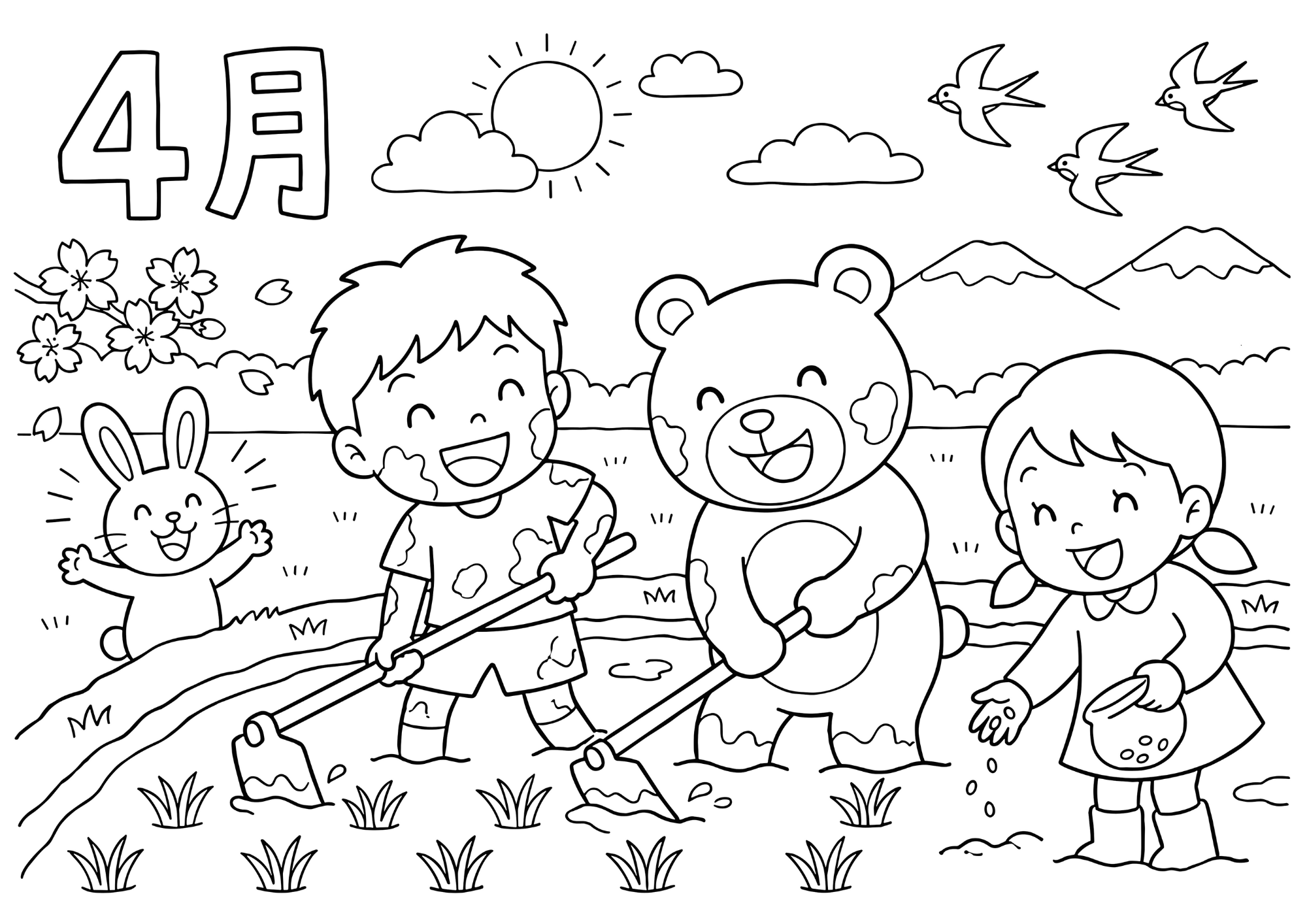 春の農作業田起こしを描いた子供向け塗り絵無料ダウンロード白黒イラストフリー画像素材