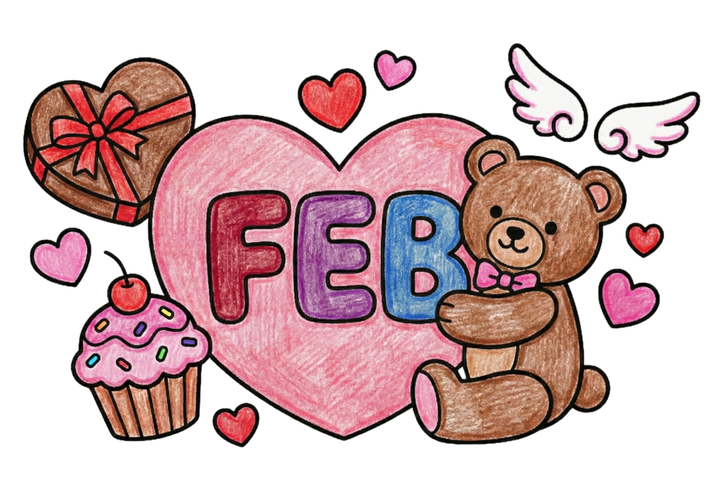 2月のバレンタイン塗り絵｜くま・ハート・チョコレート｜無料ダウンロード｜フリー画像素材