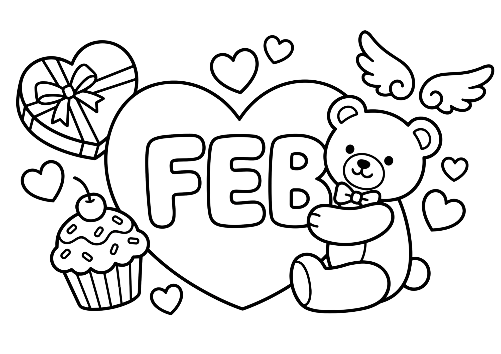 バレンタインの塗り絵イラスト｜2月の白黒フリー画像｜無料素材｜高齢者・子供向け塗り絵