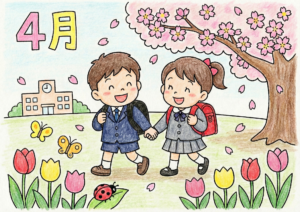 4月の入学式と桜の子ども塗り絵イラスト無料ダウンロード用フリー画像素材