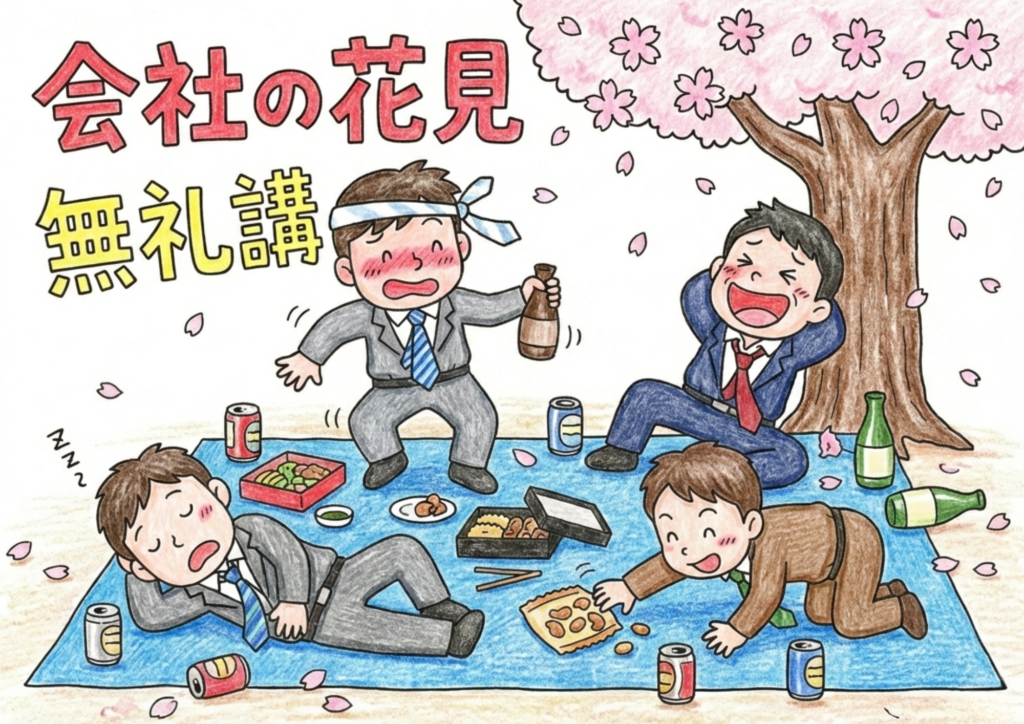 会社のお花見シーン塗り絵イラスト無料ダウンロード用フリー画像素材