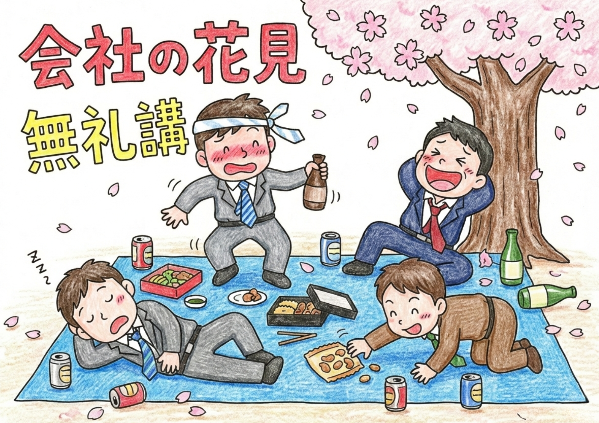 会社のお花見シーン塗り絵イラスト無料ダウンロード用フリー画像素材