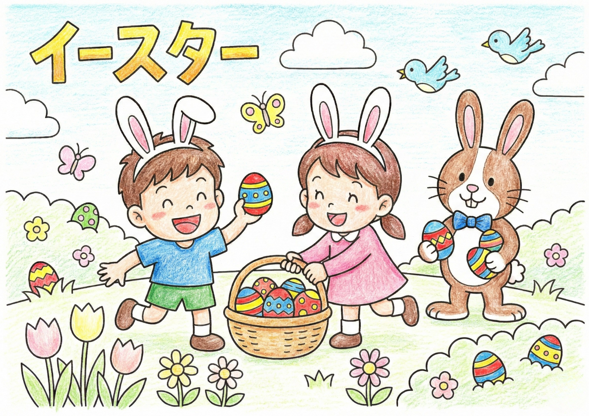 イースターの塗り絵画像｜無料ダウンロードできる子供向け春の塗り絵イラスト白黒フリー画像素材