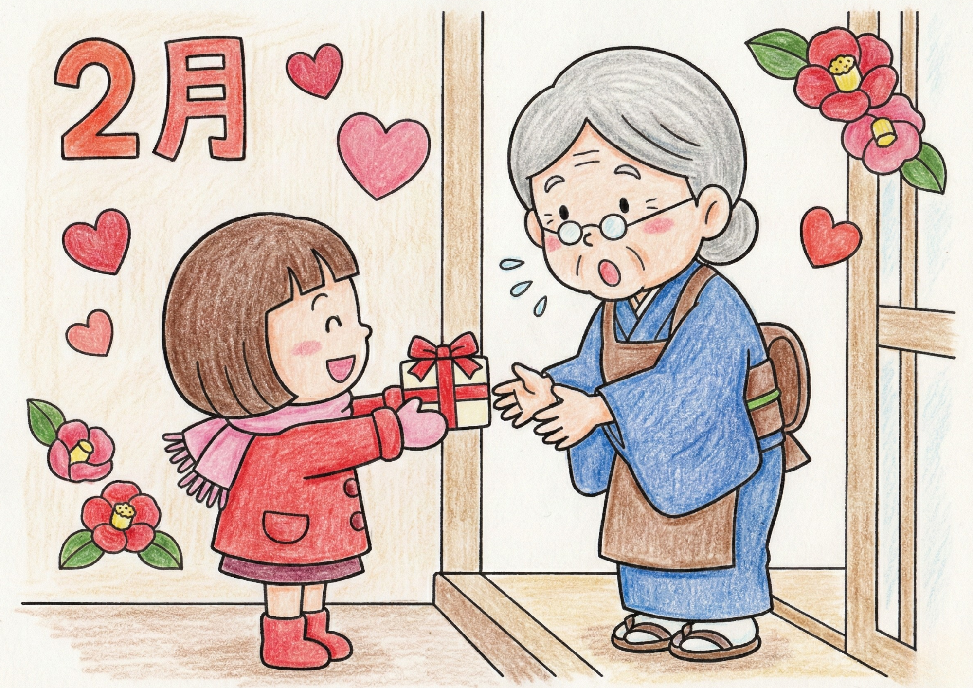 2月の塗り絵イラスト｜無料ダウンロード｜白黒｜フリー画像素材｜子どもと高齢者向け