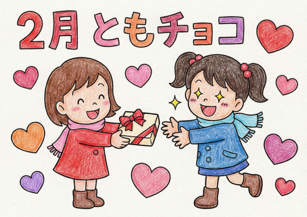 2月ともチョコの塗り絵イラスト｜無料ダウンロード｜白黒｜幼児向けフリー画像素材