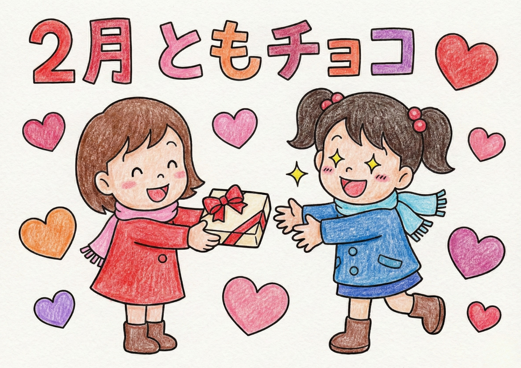 2月ともチョコの塗り絵イラスト｜無料ダウンロード｜白黒｜幼児向けフリー画像素材