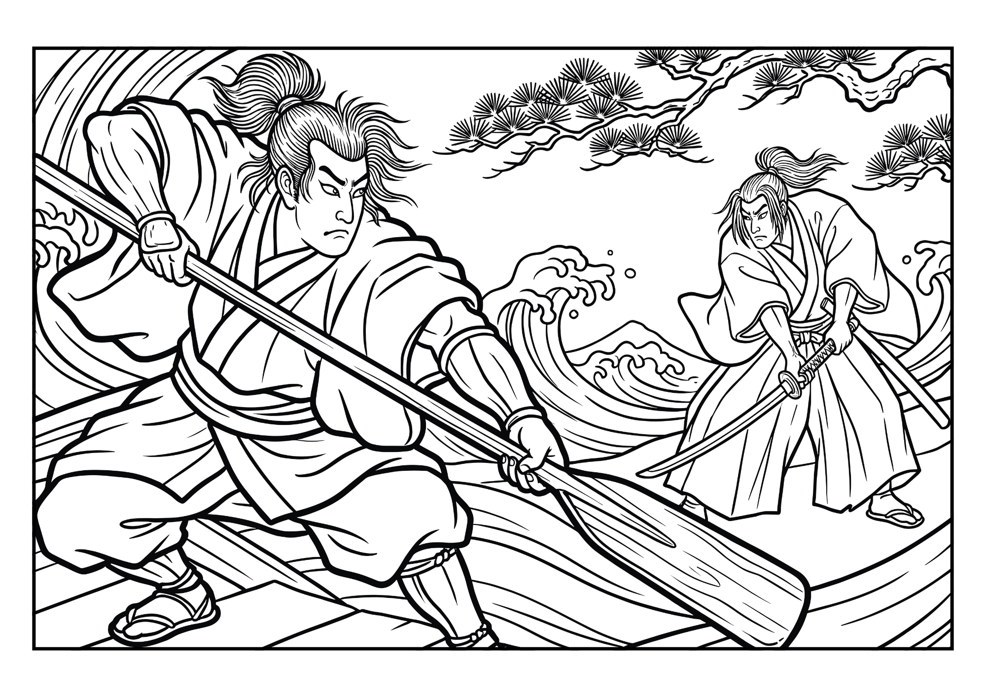 巌流島の戦い塗り絵白黒イラスト無料ダウンロードフリー画像素材（大人向け・浮世絵風）