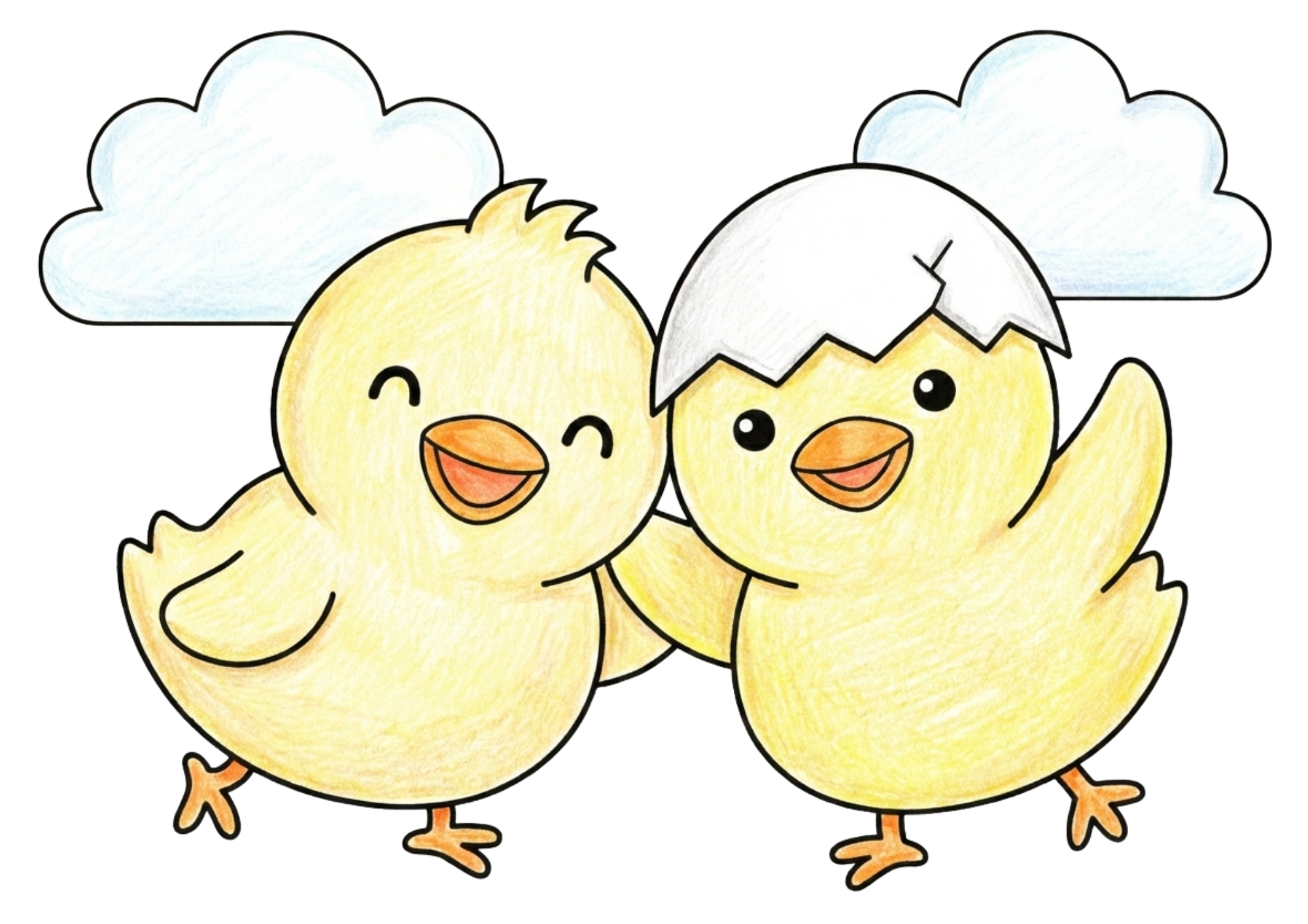 ひよこ兄弟の塗り絵イラスト無料ダウンロード用フリー画像素材（白黒・太線）