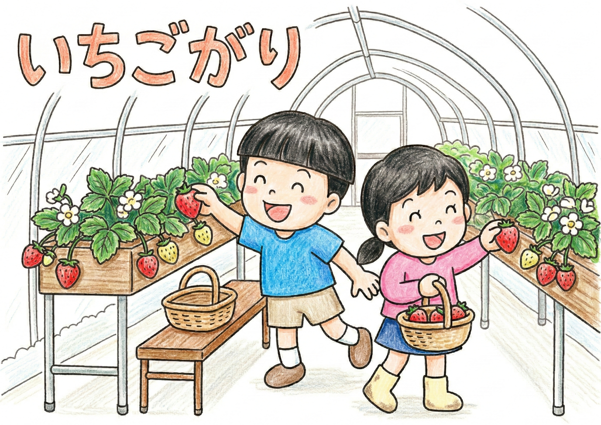 いちご狩りの無料塗り絵イラスト素材｜高齢者・子供向け春のフリー画像ダウンロード
