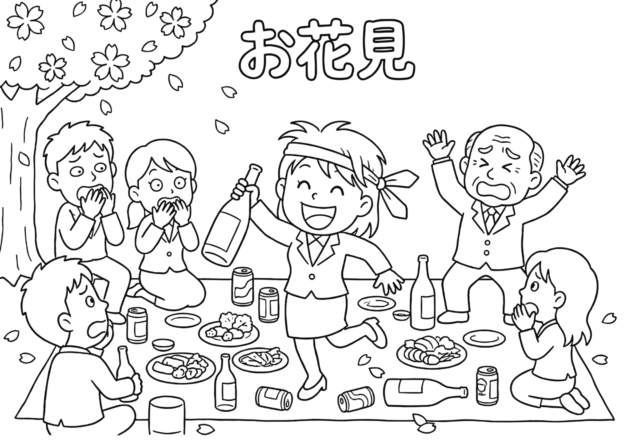 お花見パーティー塗り絵白黒イラスト無料ダウンロード用フリー画像素材（太線・シンプル構図）