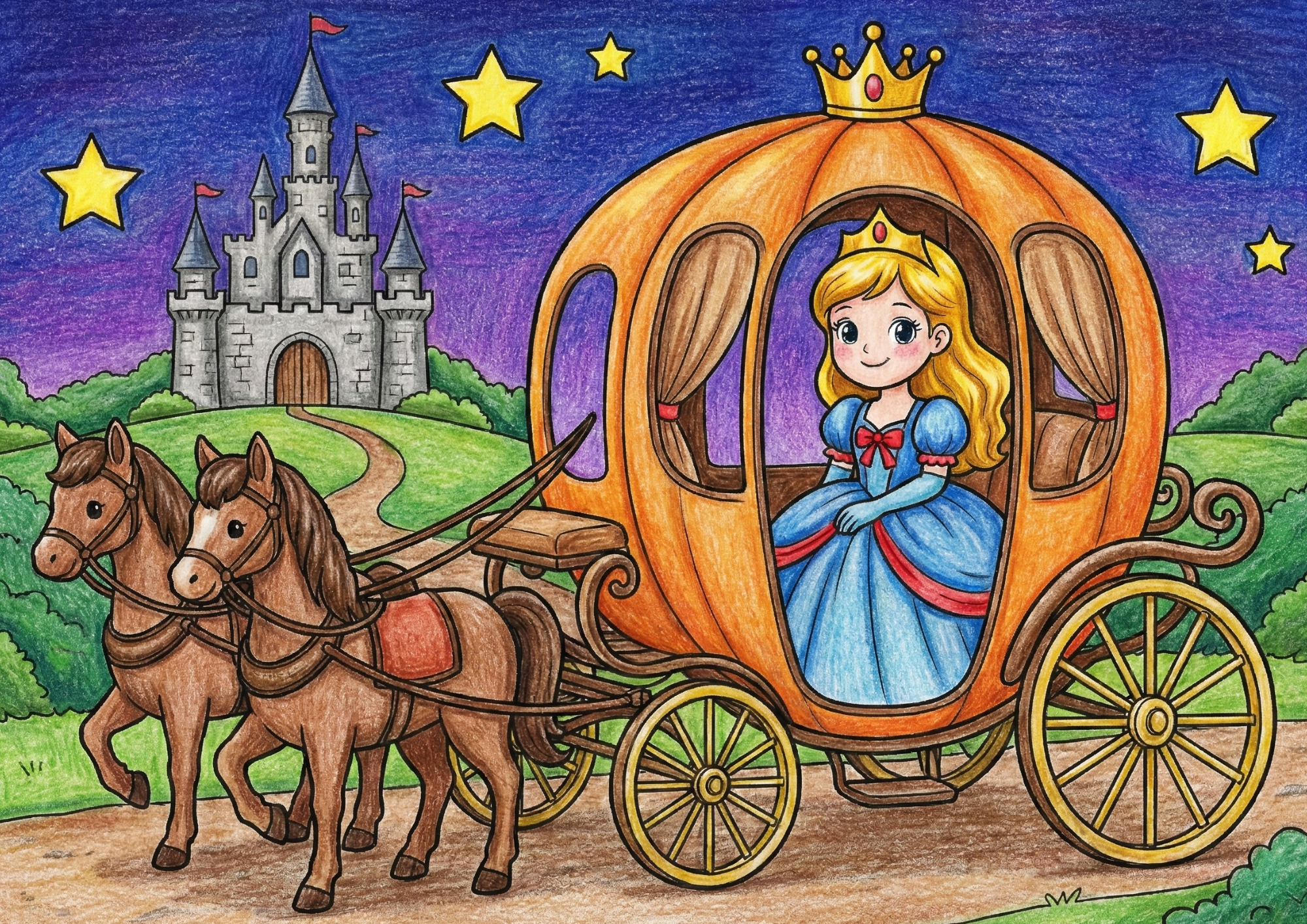 小学生向け少し難しいプリンセスの塗り絵イラスト（かぼちゃの馬車・お城・星空背景）