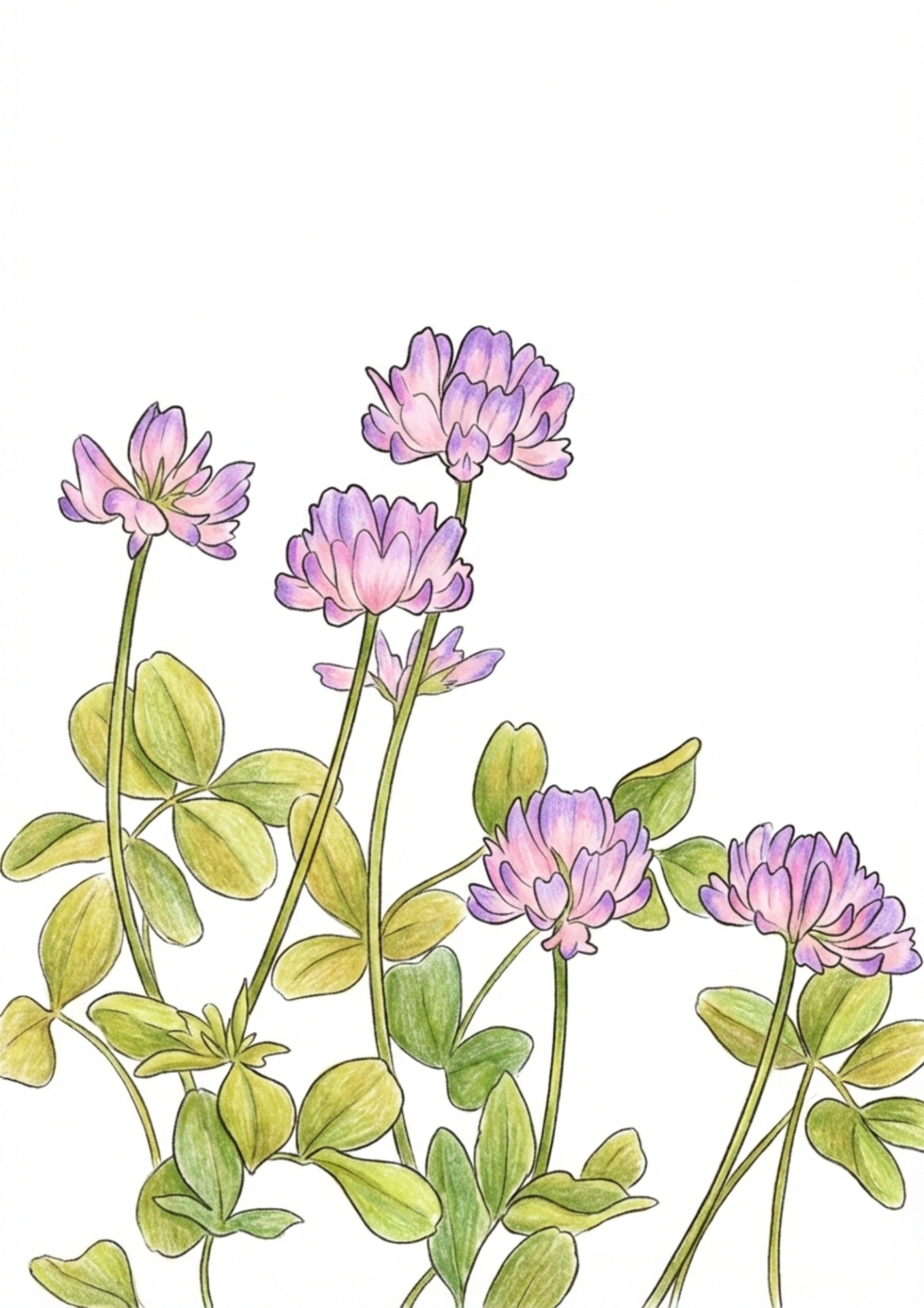 れんげ草の塗り絵見本画像無料ダウンロードフリー画像素材（白背景・太線）