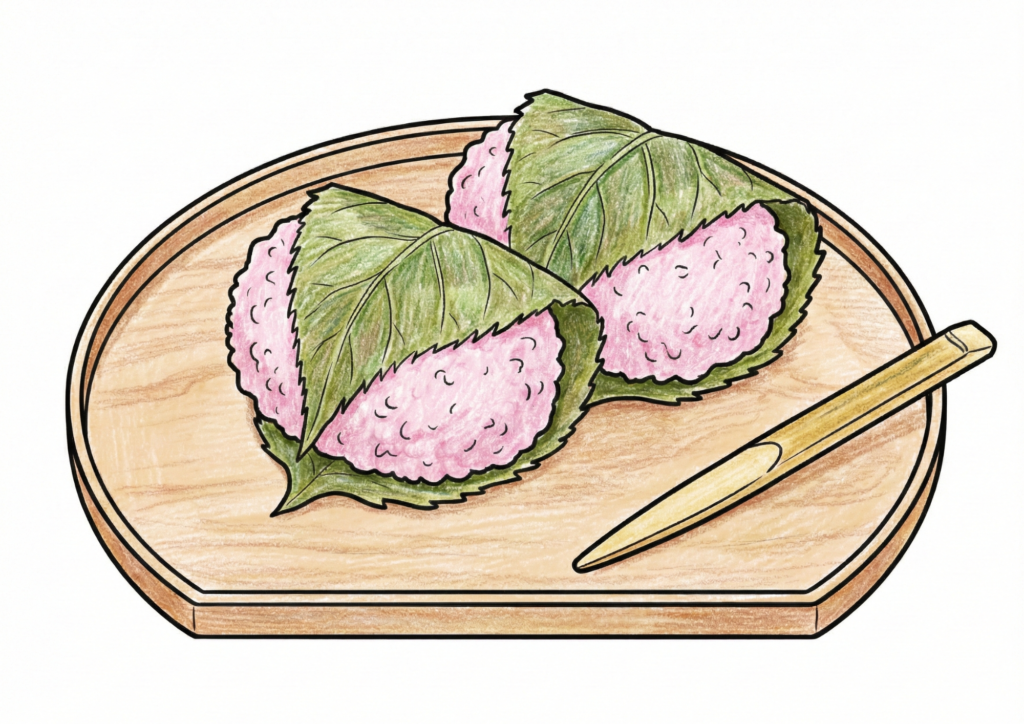 桜餅（関西風・道明寺）の塗り絵イラスト高齢者向け春の食べ物無料素材