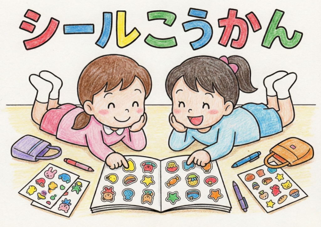 シールこうかんの塗り絵イラスト｜無料ダウンロード｜幼児向け｜白黒｜フリー画像素材