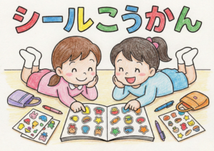 シールこうかんの塗り絵イラスト｜無料ダウンロード｜幼児向け｜白黒｜フリー画像素材