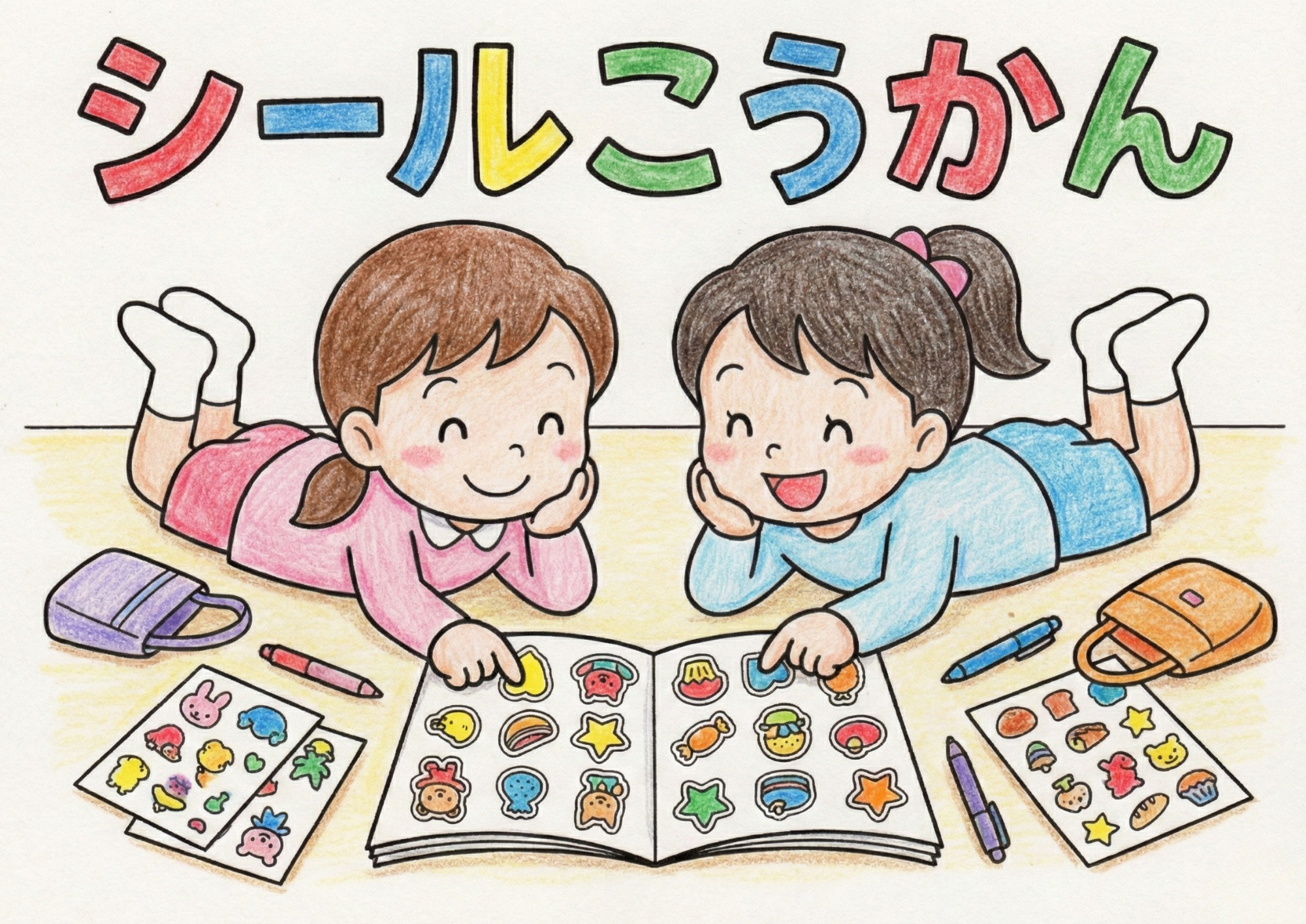 シールこうかんの塗り絵イラスト｜無料ダウンロード｜幼児向け｜白黒｜フリー画像素材