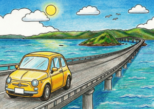 角島大橋の塗り絵イラスト無料ダウンロード｜高齢者向け白黒フリー画像素材