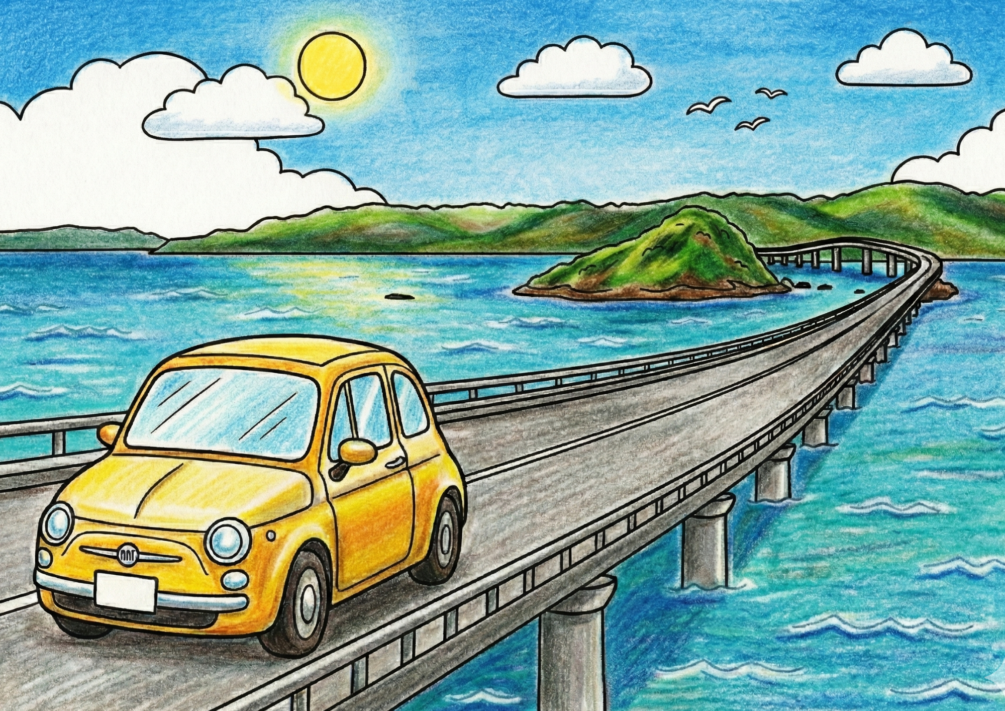 角島大橋の塗り絵イラスト無料ダウンロード｜高齢者向け白黒フリー画像素材