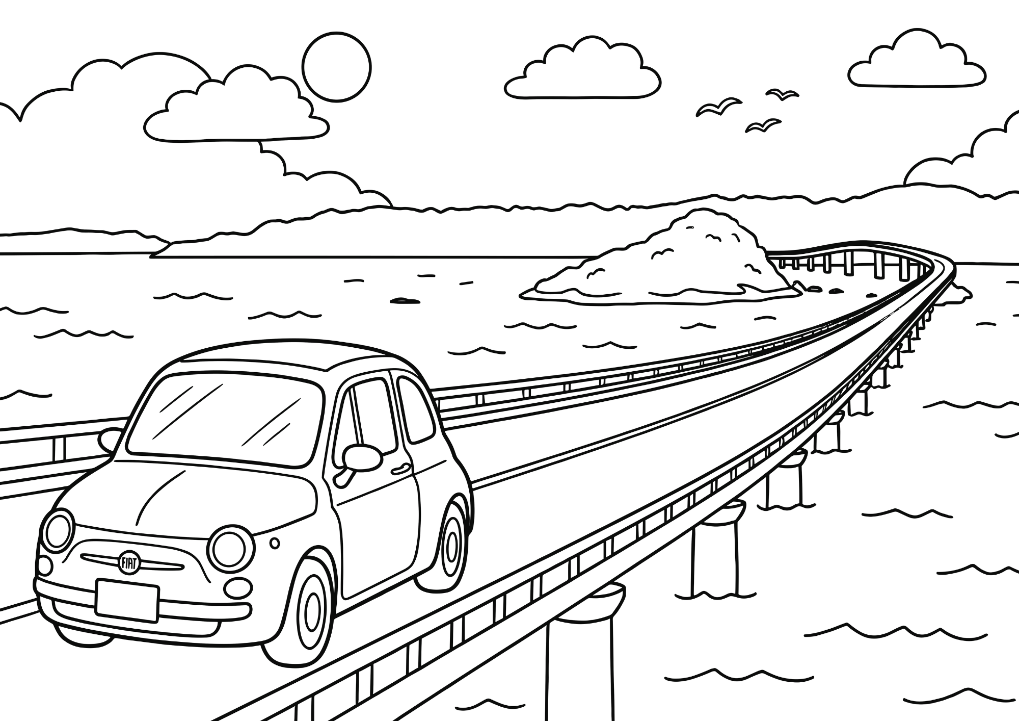 角島大橋の塗り絵白黒イラスト無料ダウンロードフリー画像素材（高齢者向け・日本の風景）