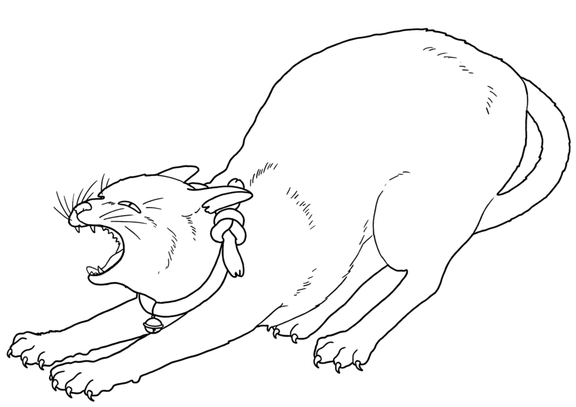 浮世絵風猫の塗り絵画像無料ダウンロード白黒イラストフリー画像素材（白背景・黒線）