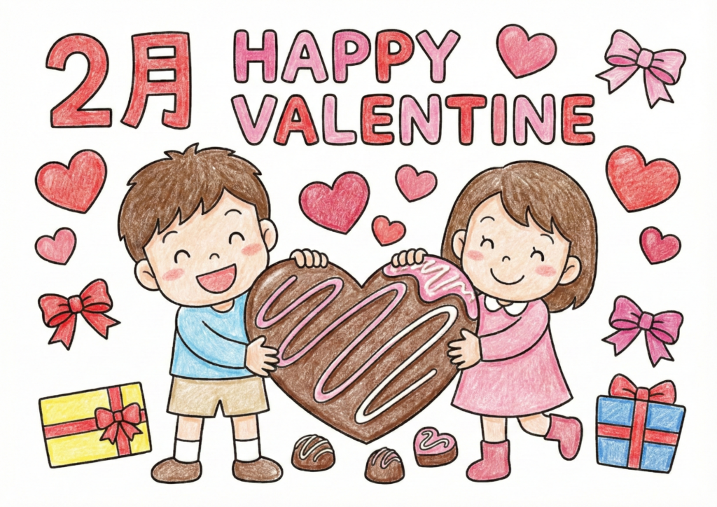 2月のバレンタインをテーマにした子ども向け塗り絵画像｜無料ダウンロードできる白黒イラストのフリー画像素材