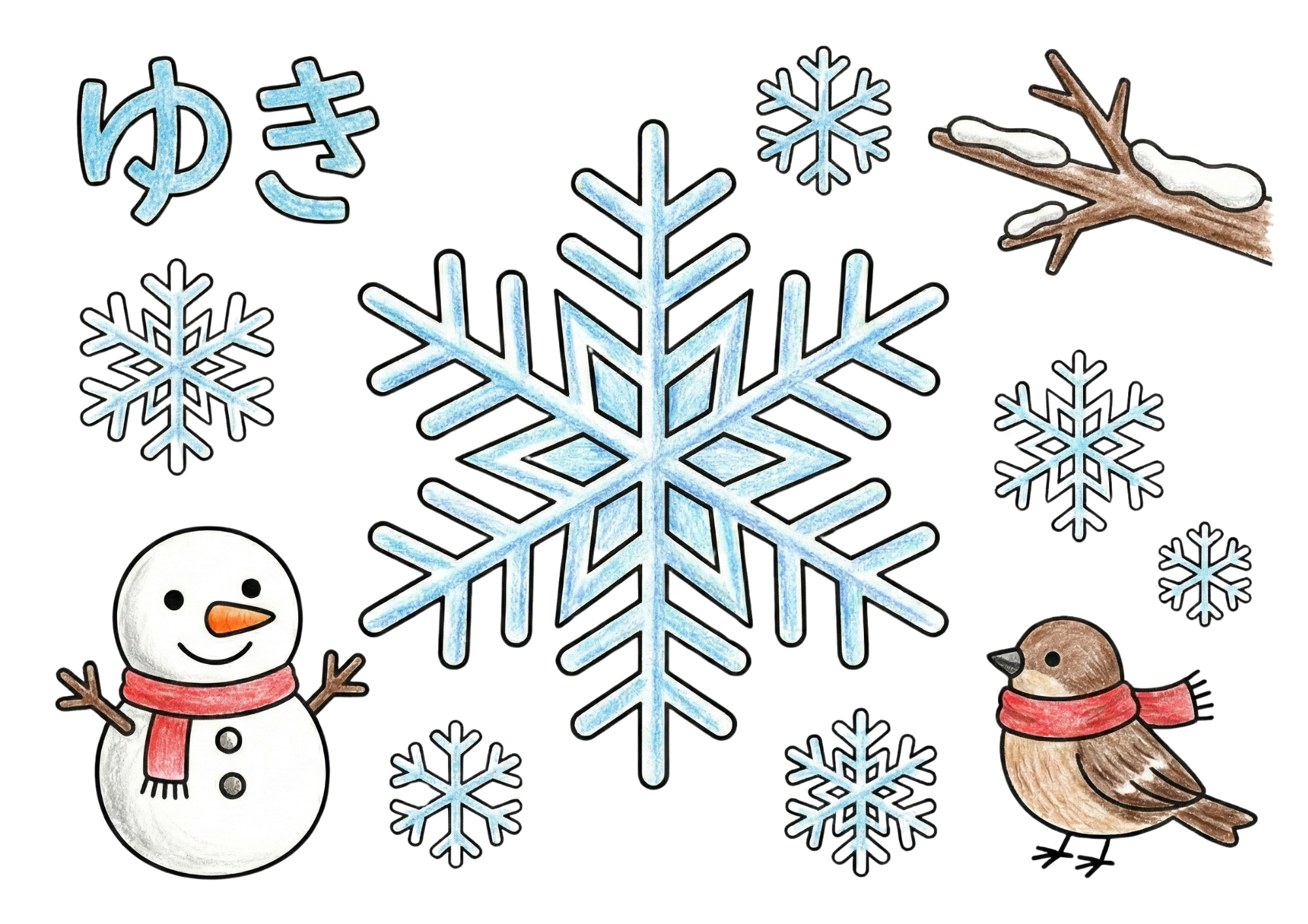 冬の雪の結晶と雪だるまの塗り絵画像|無料ダウンロード|白黒イラスト|フリー画像素材