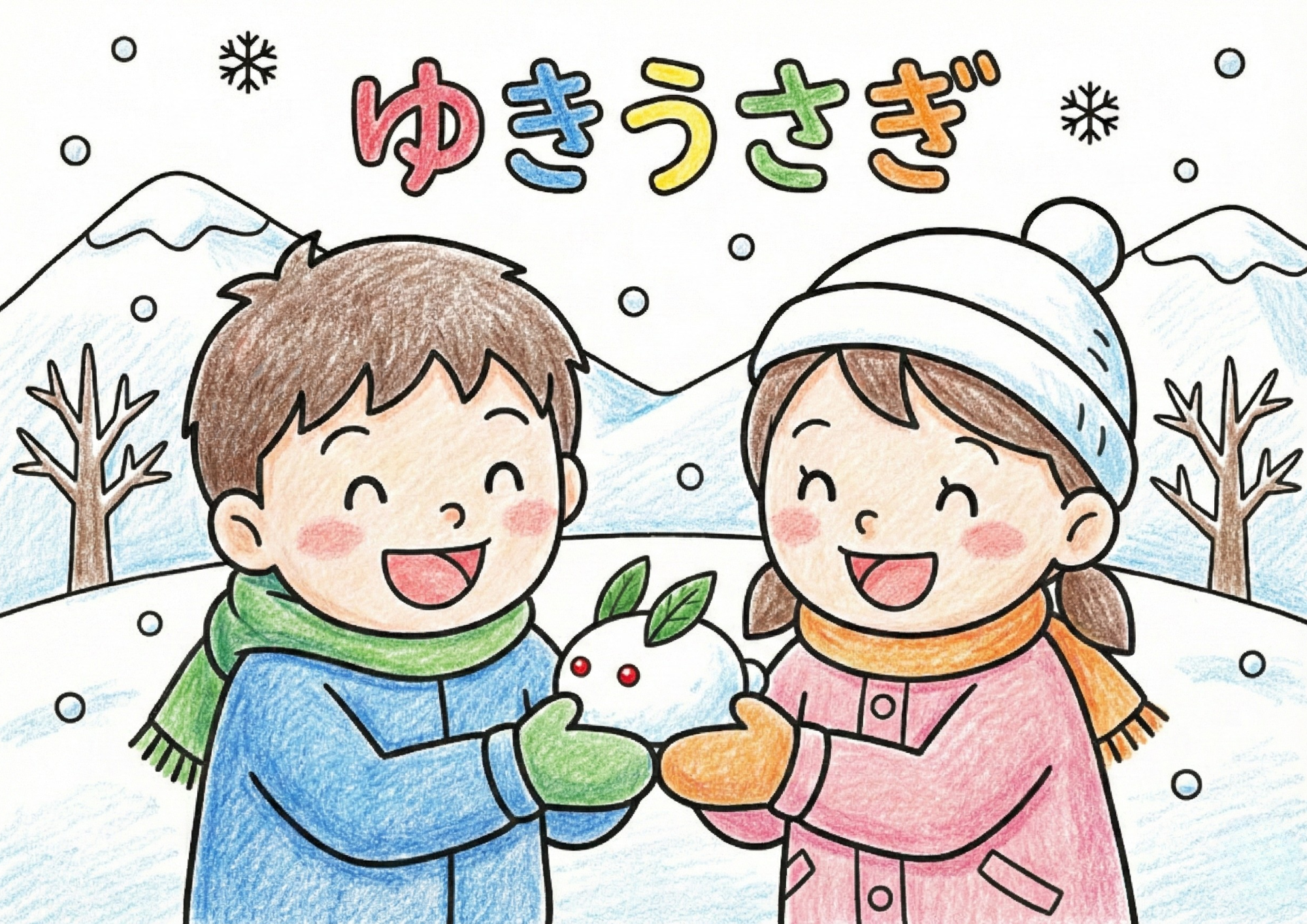 雪うさぎのぬりえイラスト｜無料ダウンロードできる子供・高齢者向け白黒フリー画像素材