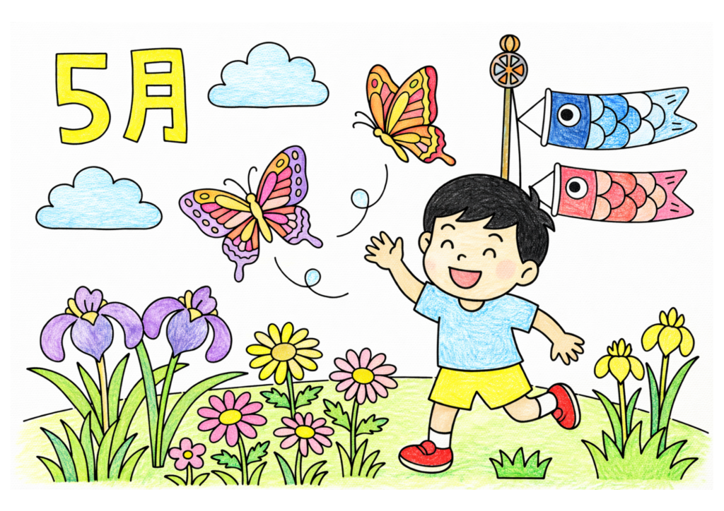 5月の塗り絵カラー見本、鯉のぼりと男の子・アヤメの花の無料イラスト素材