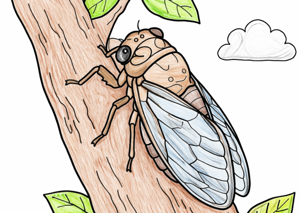 油蝉（アブラゼミ）が木の幹に止まっている塗り絵 カラー見本