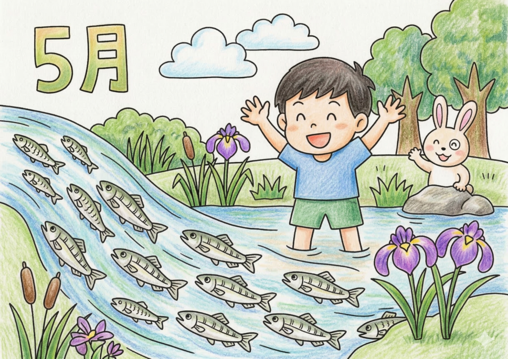 稚鮎の遡上塗り絵イラスト カラー見本 川遊び 男の子 うさぎ カキツバタ 5月