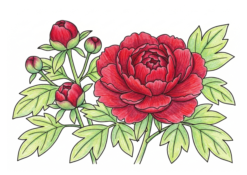 牡丹の塗り絵イラスト カラー見本 赤い牡丹と蕾