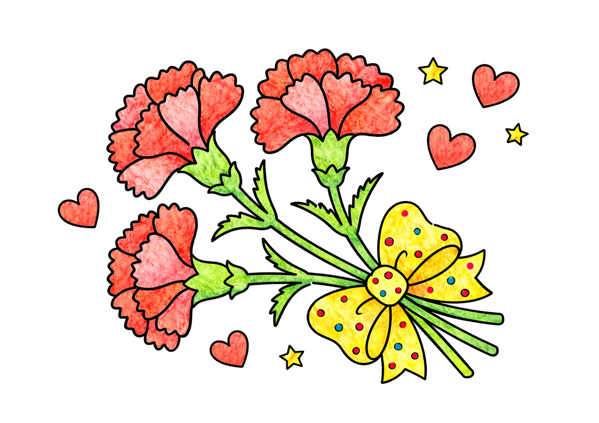 カーネーション（カーネーション）3本の花束リボン付き塗り絵 カラー見本