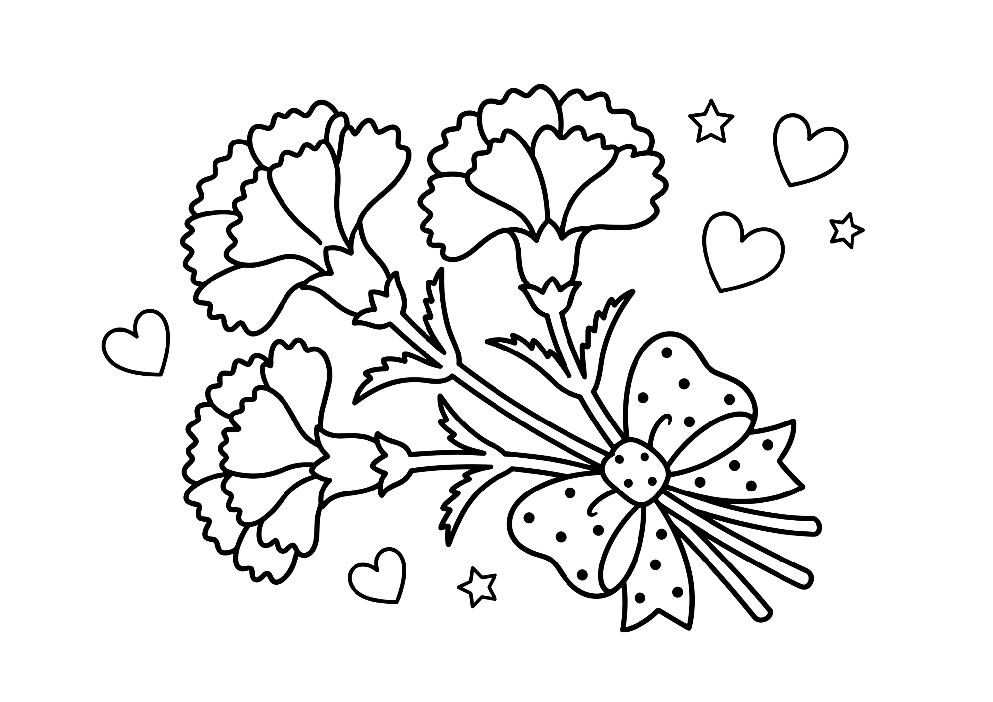 カーネーション3本の花束リボン付き塗り絵 白黒