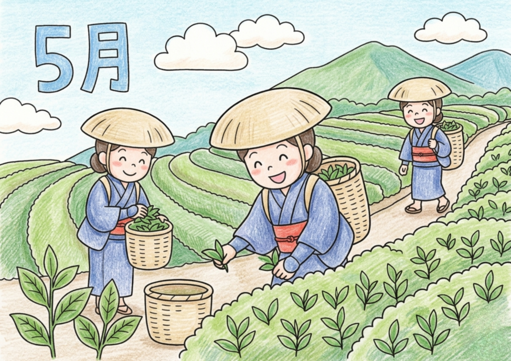 茶摘みの塗り絵イラスト カラー見本 八十八夜 茶畑 菅笠の女性 5月