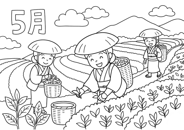 Tea picking coloring page - black and white printable