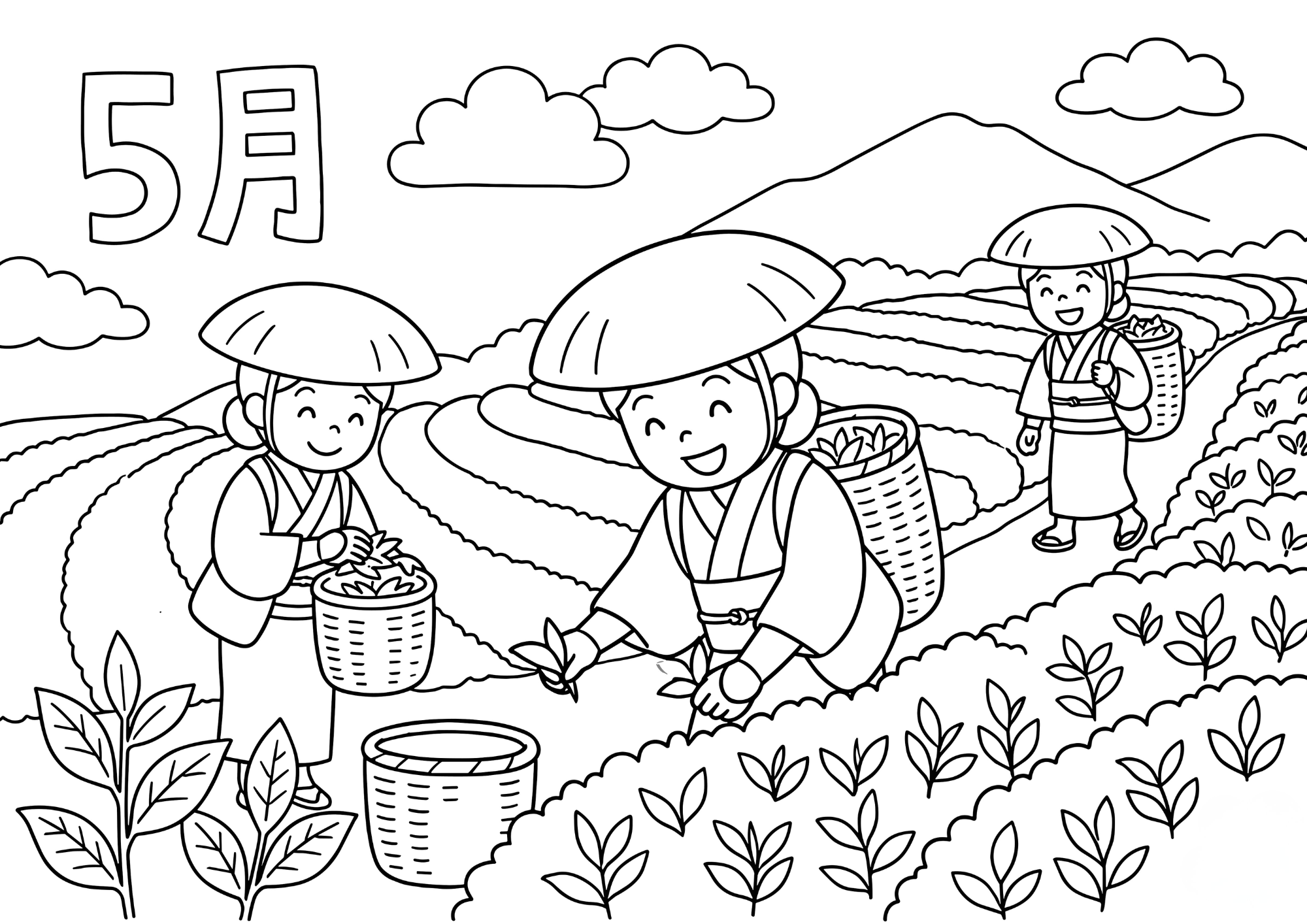 茶摘みの塗り絵イラスト 白黒 無料ダウンロード 印刷用