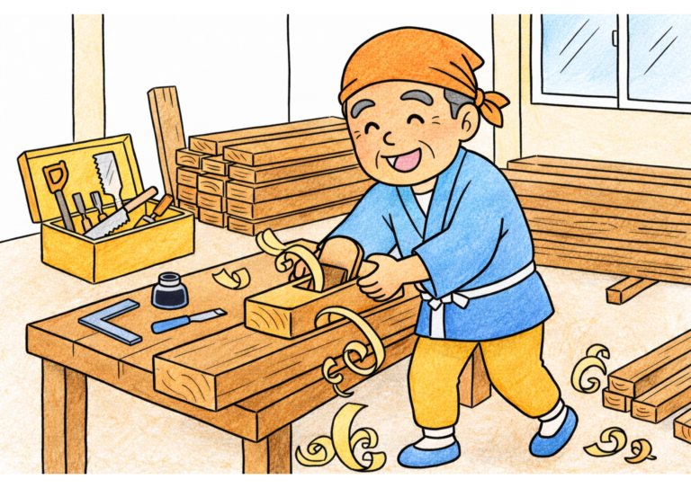 大工さんと鉋（カンナ）の塗り絵イラスト｜高齢者・大人向け 無料ダウンロード（塗り絵フリー画像素材）