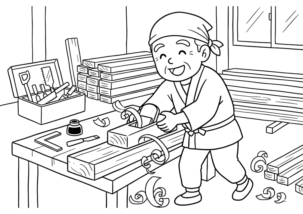 大工さんが鉋(カンナ)で木材を削っている塗り絵 白黒線画