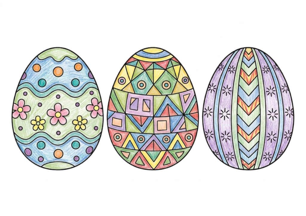 イースターエッグの塗り絵 カラー見本 花柄・幾何学模様の3つのイースターエッグ