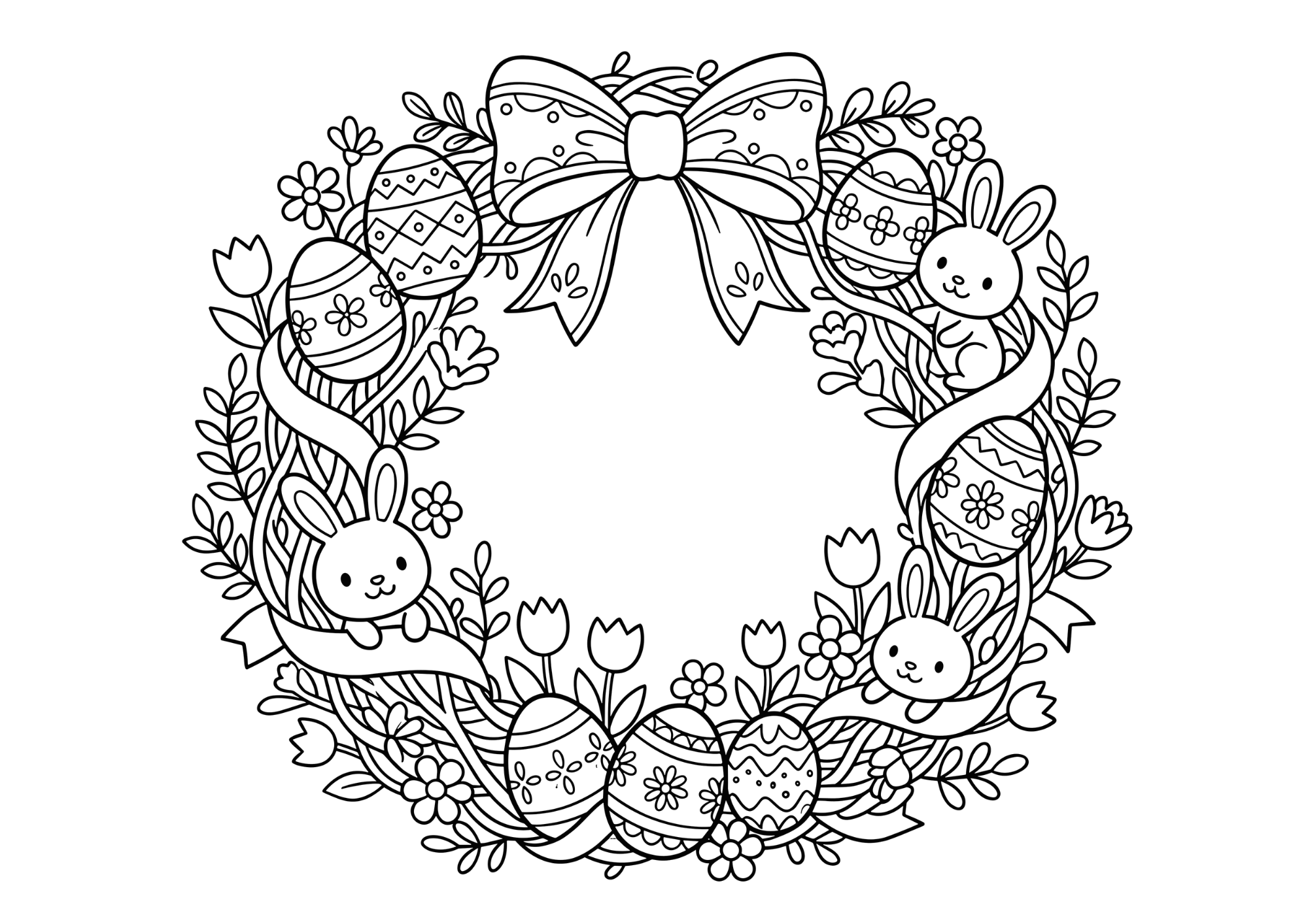 イースターリースの塗り絵 白黒線画 卵・花・うさぎ・リボンで飾られた円形リース