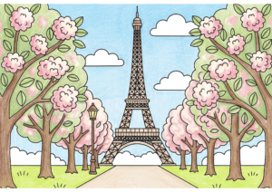 エッフェル塔と桜並木の塗り絵 カラー見本