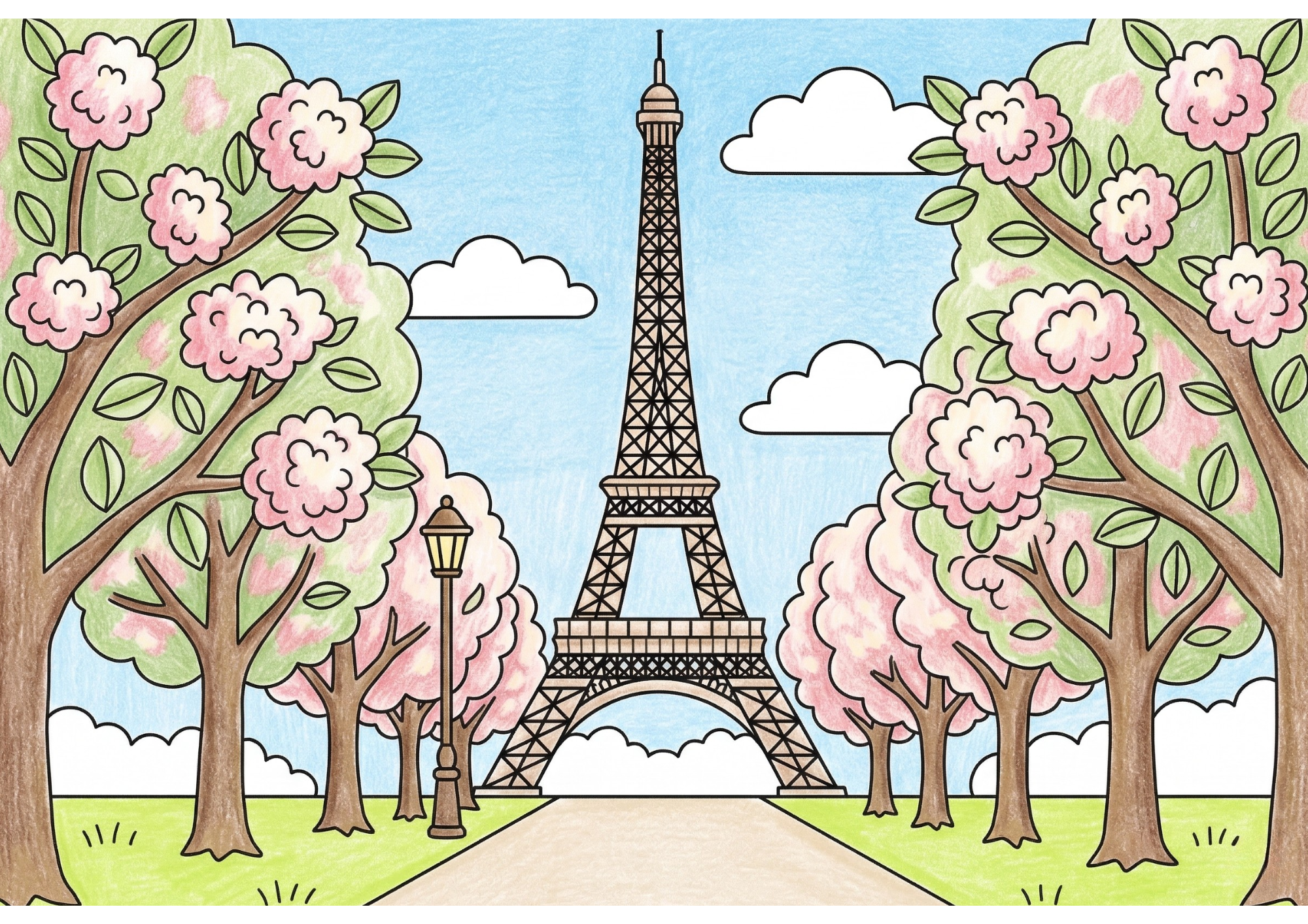 エッフェル塔と桜並木の塗り絵 カラー見本