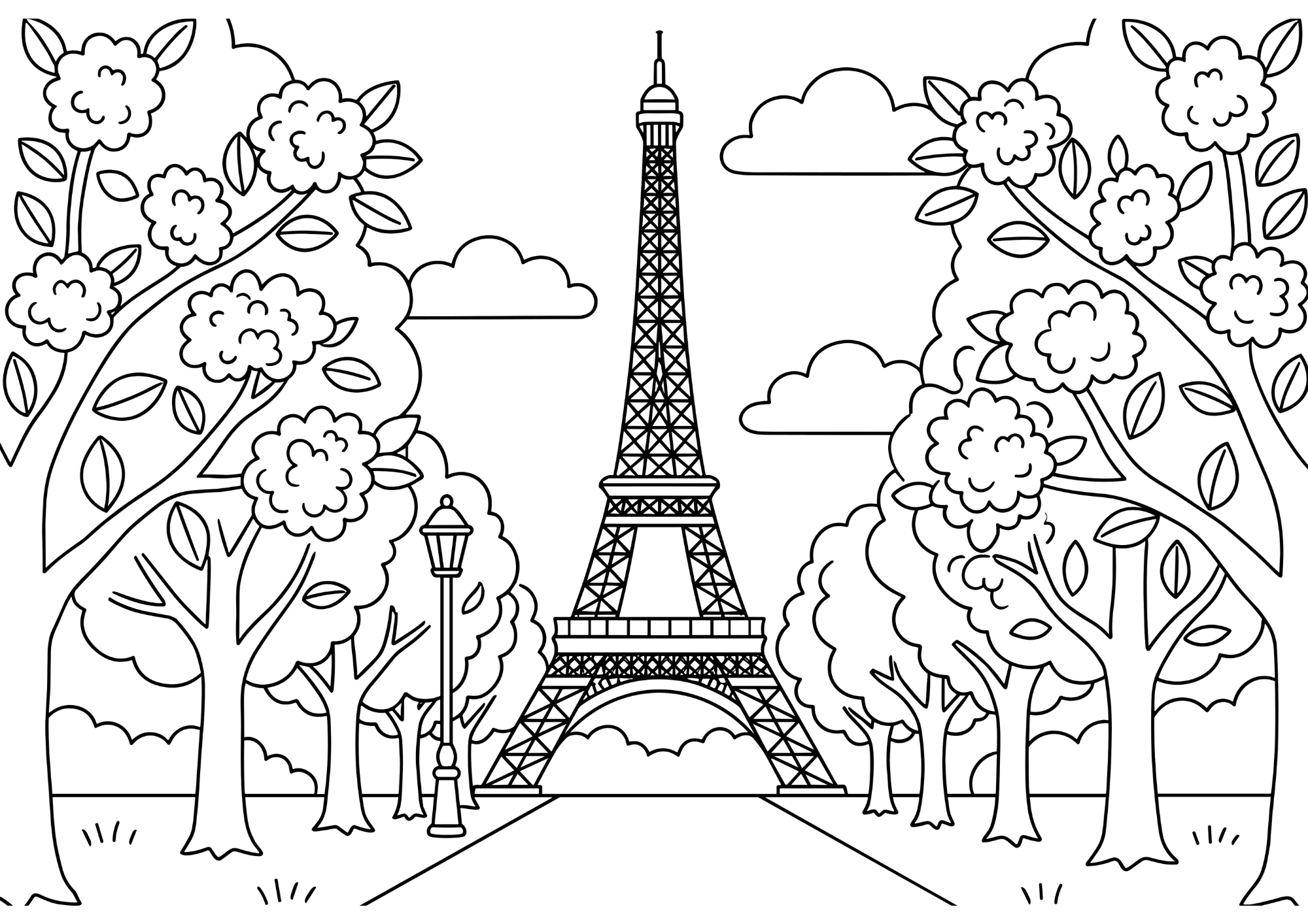 エッフェル塔と桜並木の塗り絵イラスト 白黒