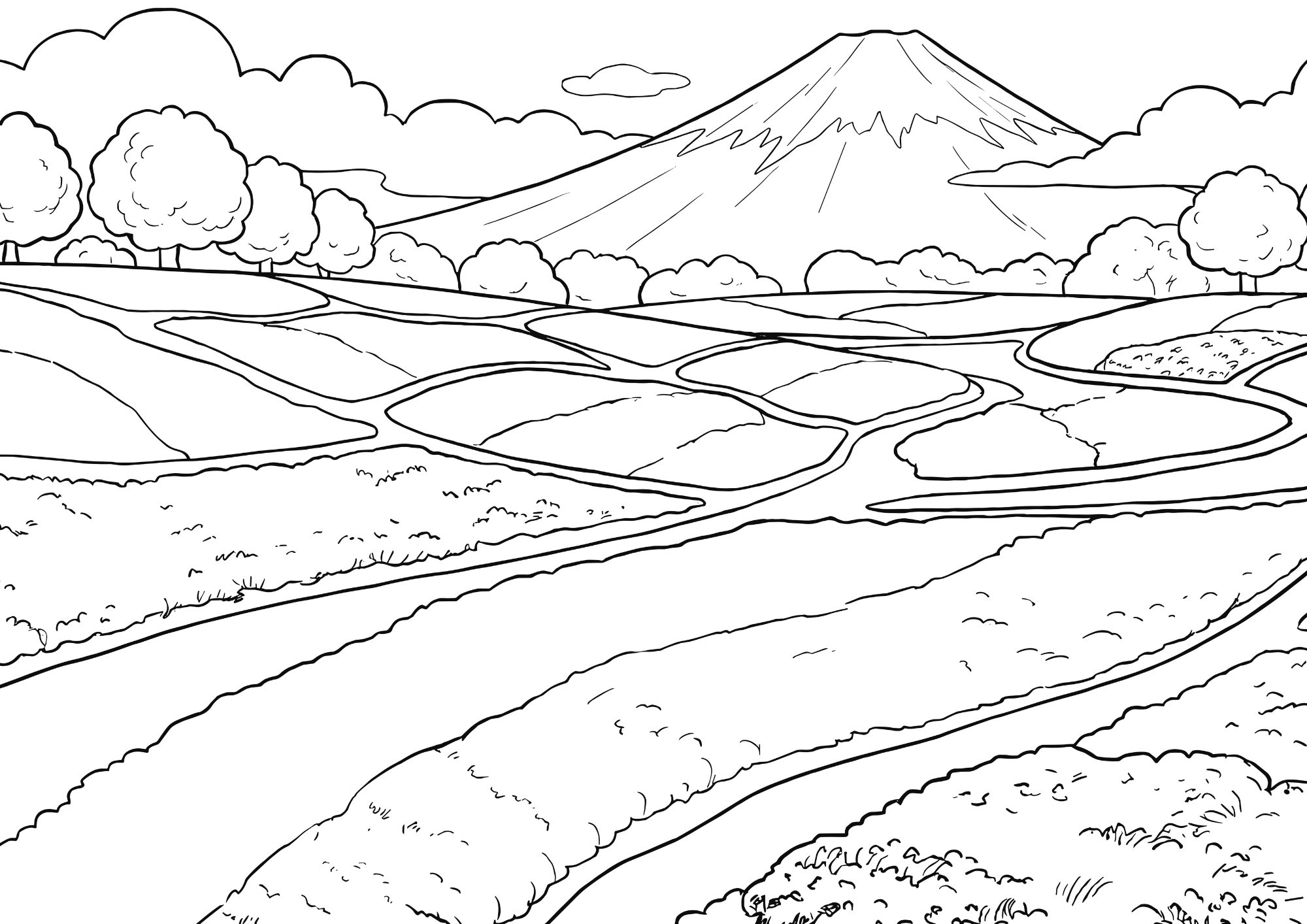 白黒線画の富士山と芝桜の塗り絵イラスト｜大人向け無料ダウンロードフリー画像素材