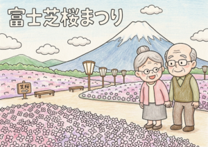 富士山と芝桜まつりの塗り絵イラスト｜老夫婦が手をつなぐ春の風景 無料ダウンロード