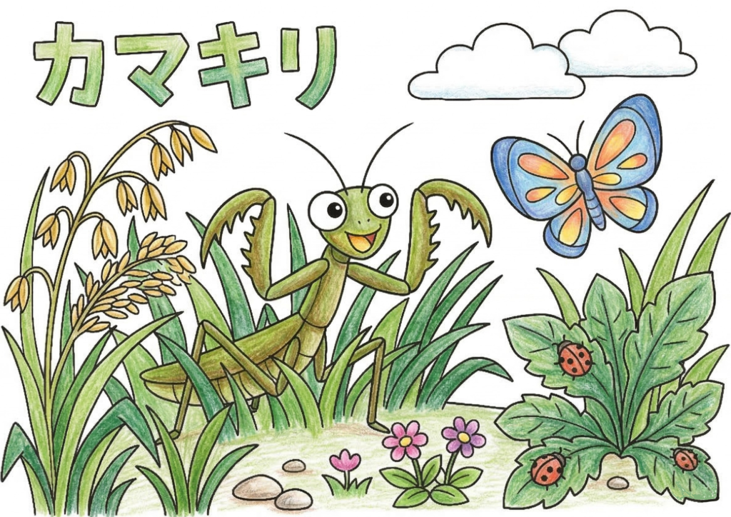 カマキリ（蟷螂）の塗り絵イラスト カラー見本 無料ダウンロード