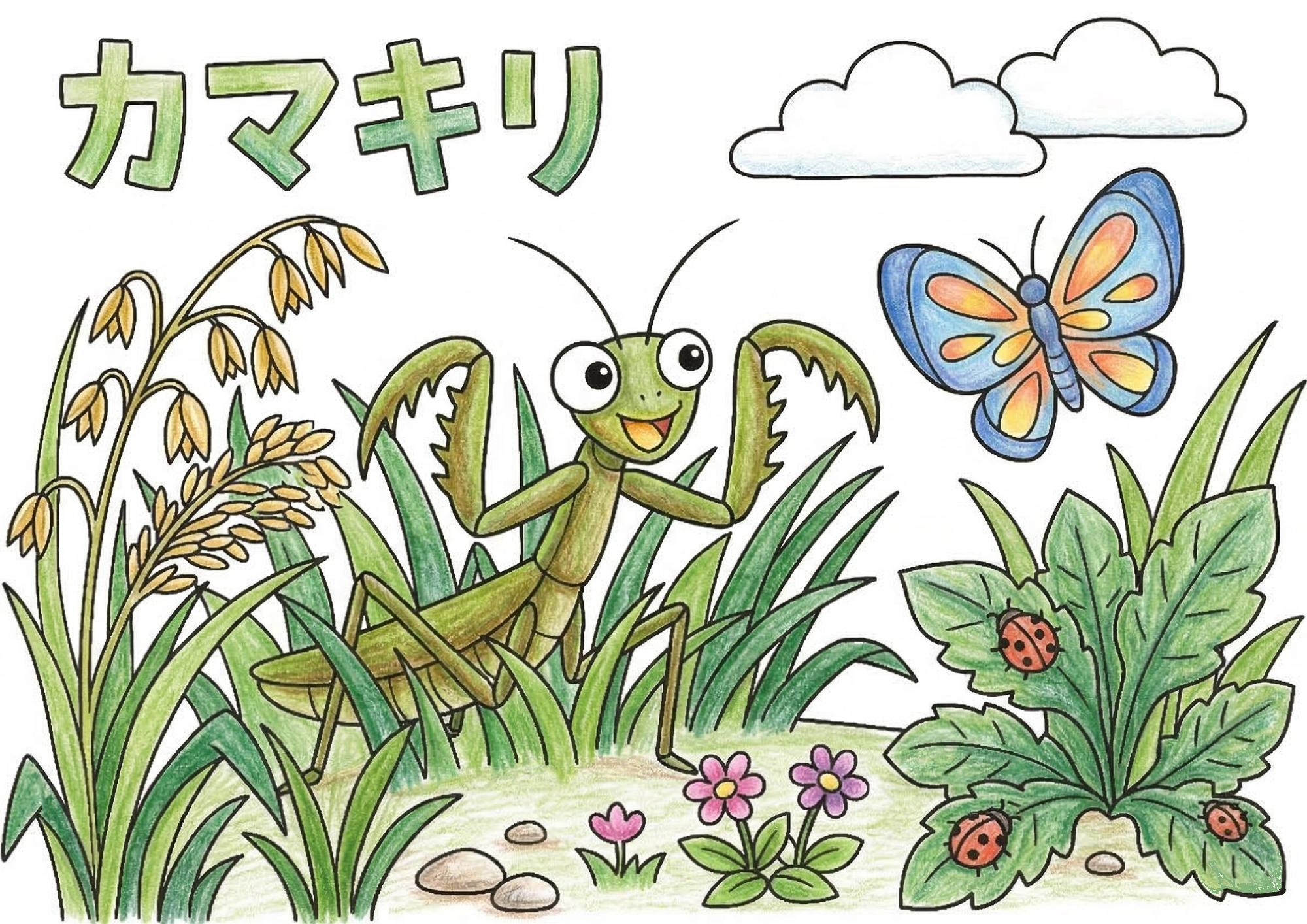 カマキリ（蟷螂）の塗り絵イラスト カラー見本 無料ダウンロード